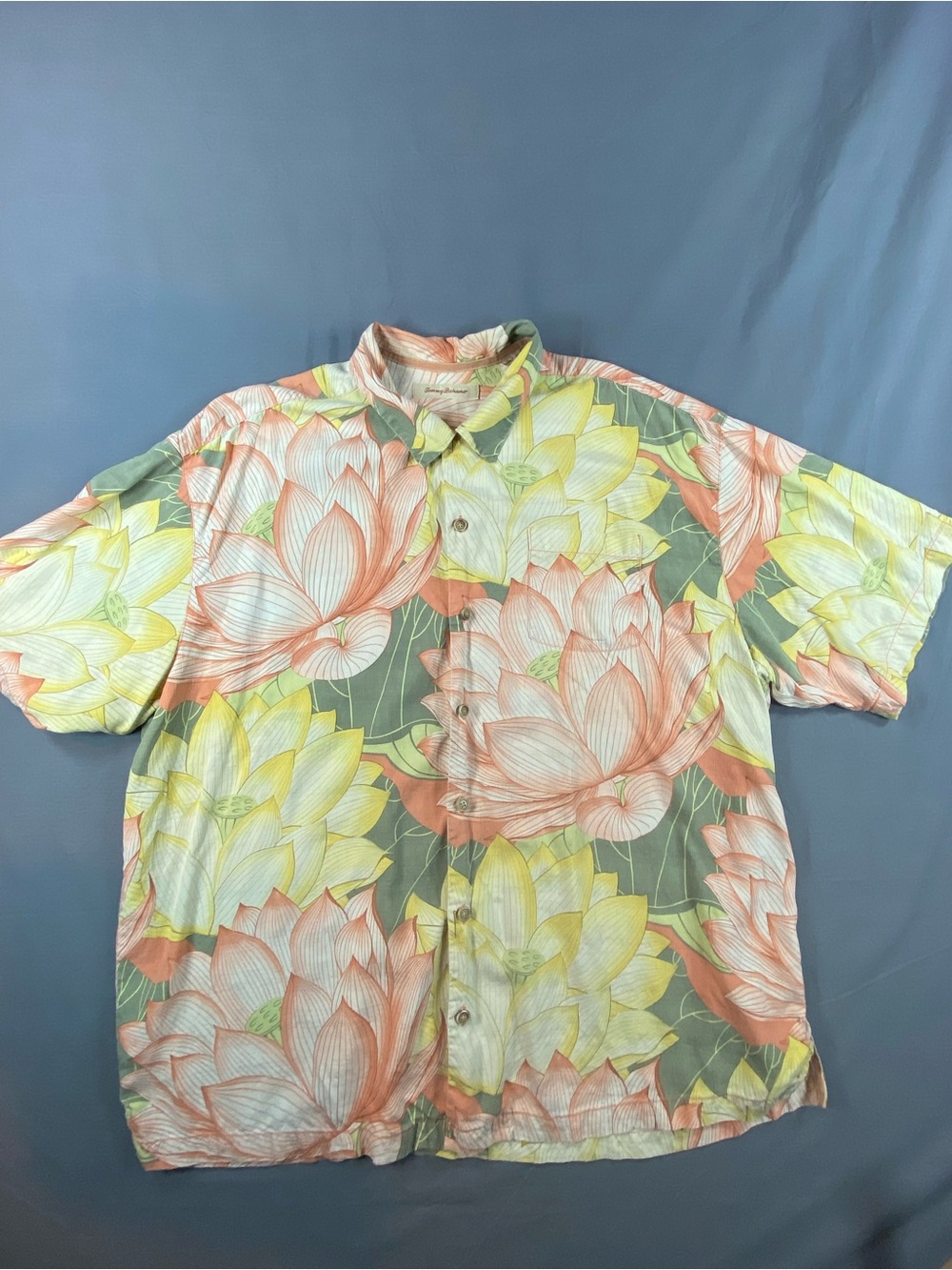 Tommy Bahama Tropical Lotus Print Button-Down in Peach, Yellow & Green 100% Silk